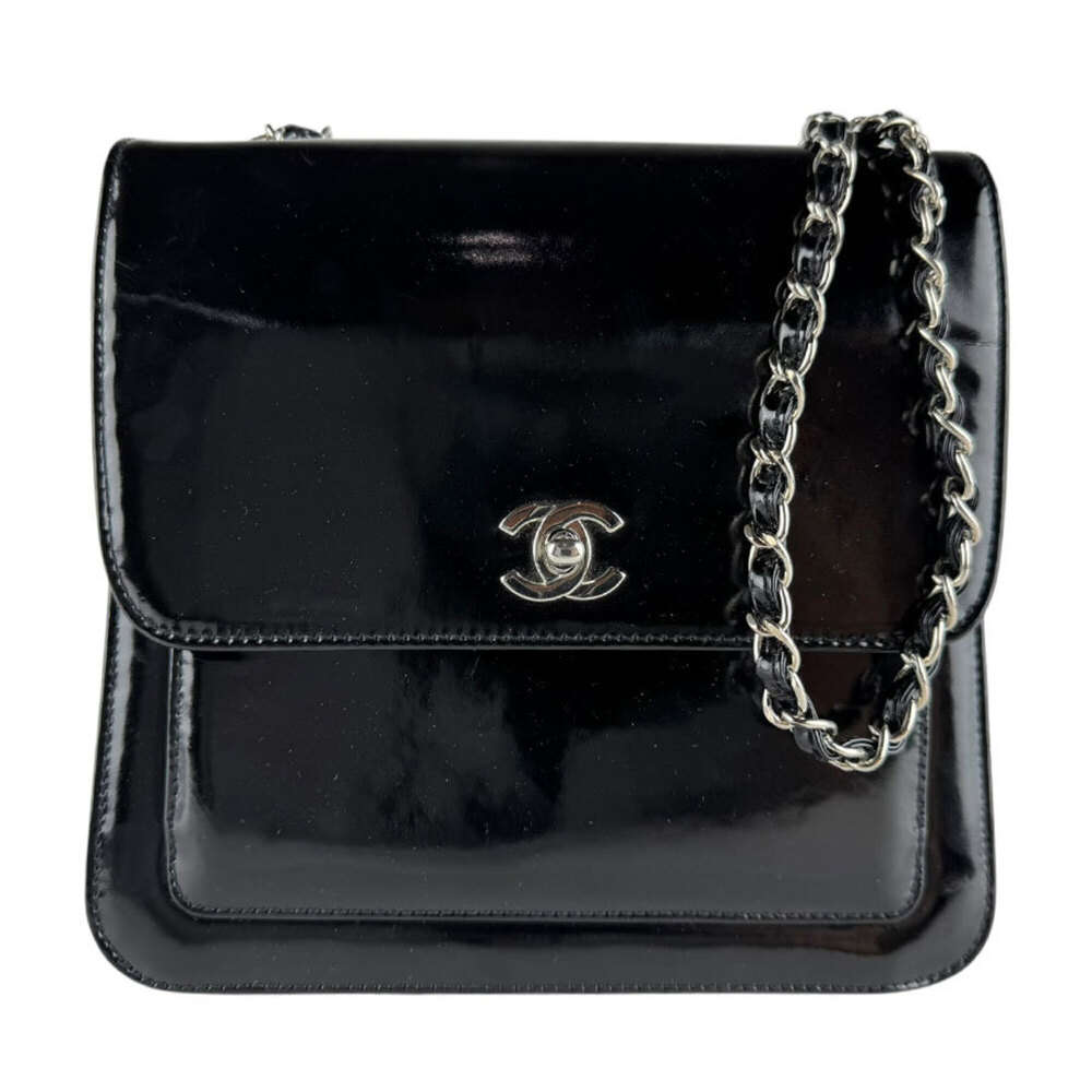 Chanel CHANEL Shoulder Bag Patent Leather Black Silver Women's z10018